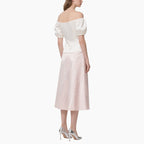 Elegant Women's Off-shoulder Blouse with Pearl Buttons & Floral Lace Skirt Set