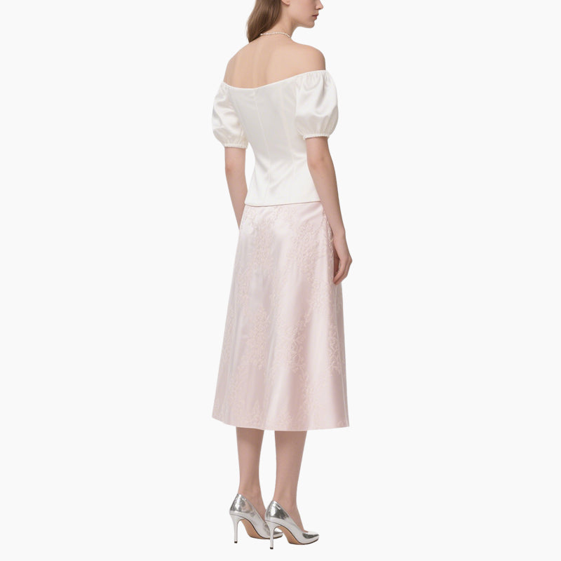 Elegant Women's Off-shoulder Blouse with Pearl Buttons & Floral Lace Skirt Set