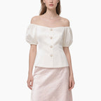 Elegant Women's Off-shoulder Blouse with Pearl Buttons & Floral Lace Skirt Set