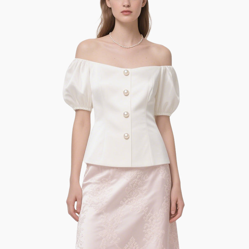 Elegant Women's Off-shoulder Blouse with Pearl Buttons & Floral Lace Skirt Set