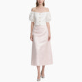Off-shoulder Blouse with Pearl Buttons & Light Pink High-waisted Skirt