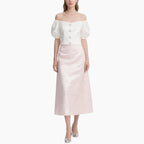 Off-shoulder Blouse with Pearl Buttons & Light Pink High-waisted Skirt
