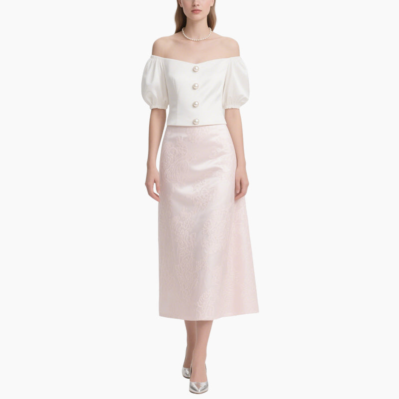 Off-shoulder Blouse with Pearl Buttons & Light Pink High-waisted Skirt