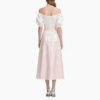 Off-shoulder Blouse with Pearl Buttons & Light Pink High-waisted Skirt