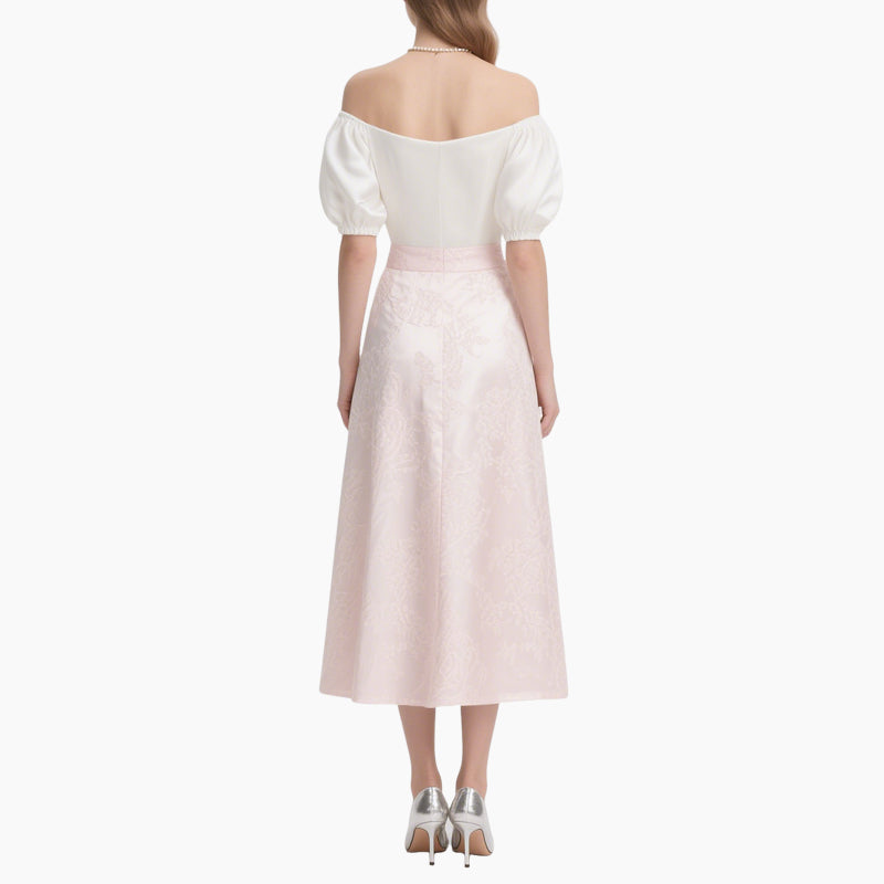 Off-shoulder Blouse with Pearl Buttons & Light Pink High-waisted Skirt