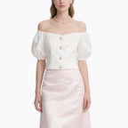 Off-shoulder Blouse with Pearl Buttons & Light Pink High-waisted Skirt