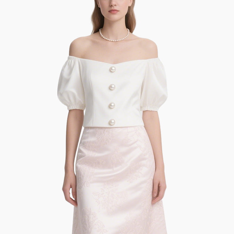 Off-shoulder Blouse with Pearl Buttons & Light Pink High-waisted Skirt