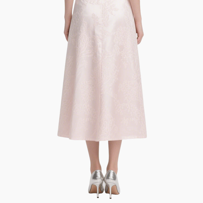 Off-shoulder Blouse with Pearl Buttons & Light Pink High-waisted Skirt