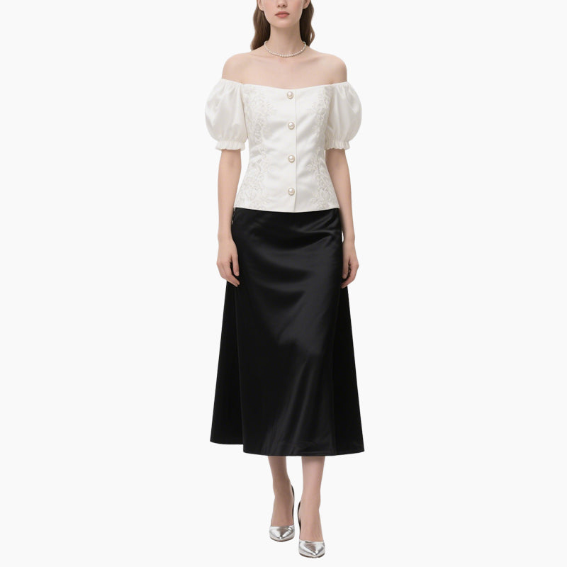 Elegant Women's Off-shoulder Lace Blouse & A-line Skirt Set