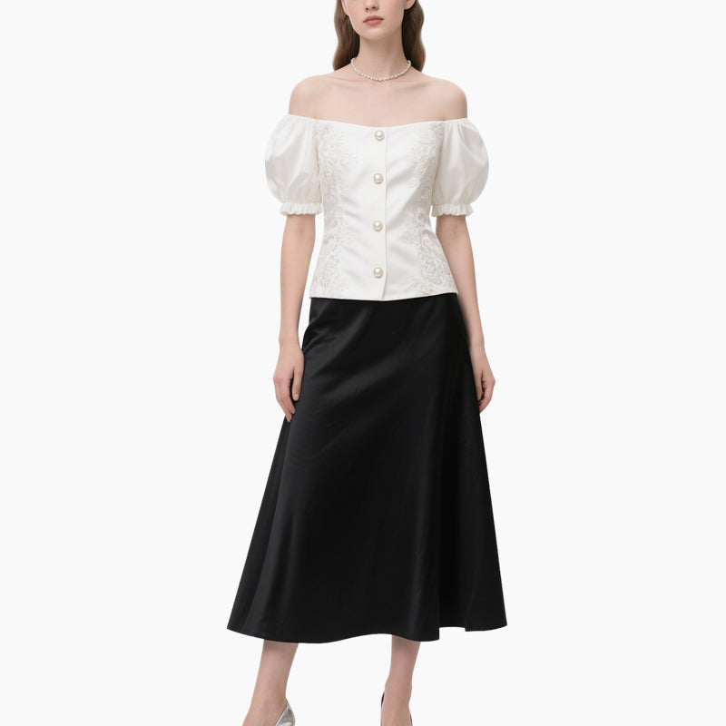 Elegant Women's Off-shoulder Lace Blouse & A-line Skirt Set