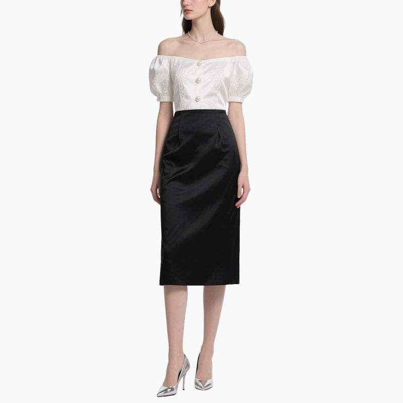 Elegant Women's Off-Shoulder Blouse & High-Waist Skirt Set