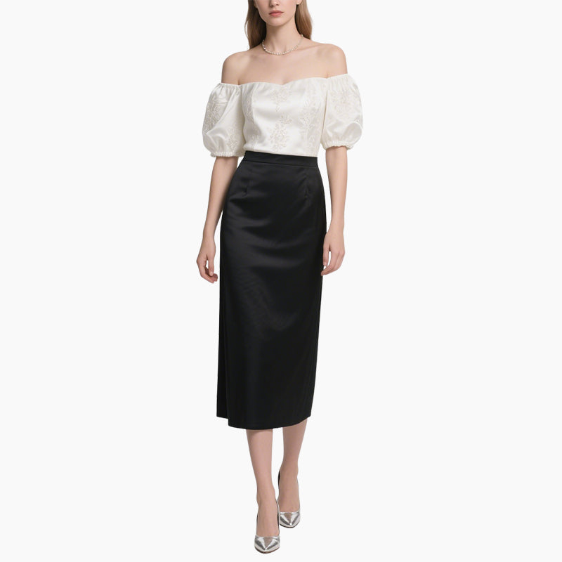 Elegant Women's Satin Off-Shoulder Blouse & High-Waisted Skirt Set