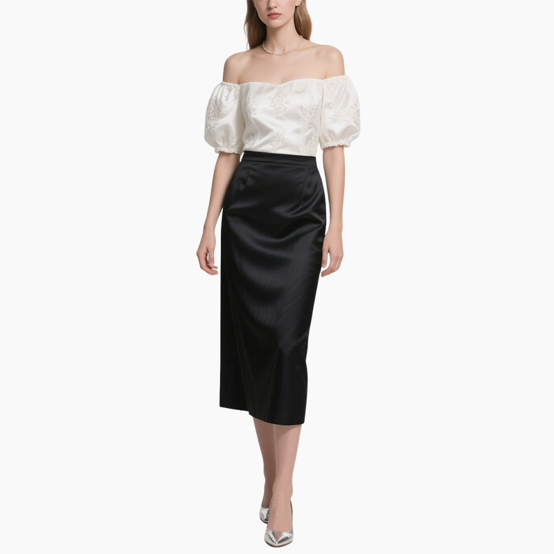 Elegant Women's Satin Off-Shoulder Blouse & High-Waisted Skirt Set