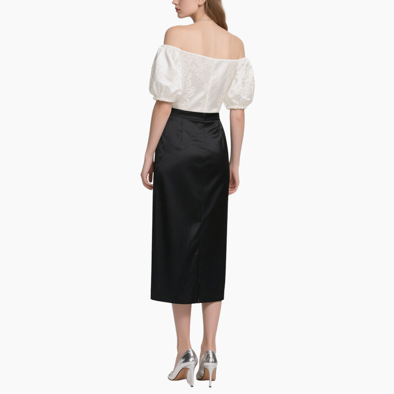 Elegant Women's Satin Off-Shoulder Blouse & High-Waisted Skirt Set