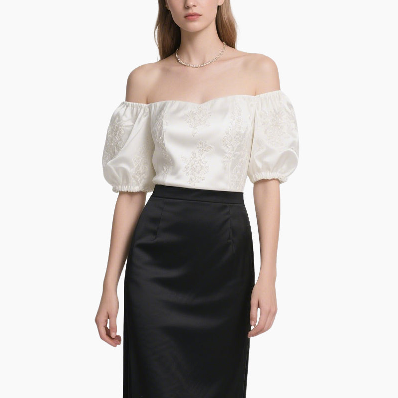 Elegant Women's Satin Off-Shoulder Blouse & High-Waisted Skirt Set