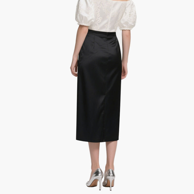 Elegant Women's Satin Off-Shoulder Blouse & High-Waisted Skirt Set