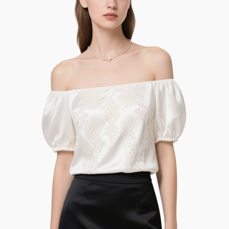Elegant Women's Satin Off-Shoulder Blouse & High-Waisted Skirt Set