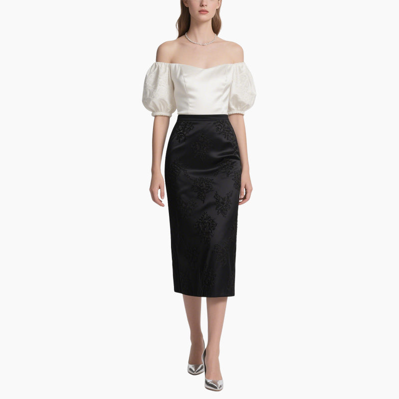 Women's Elegant Off-Shoulder Blouse & Embroidered Pencil Skirt Set