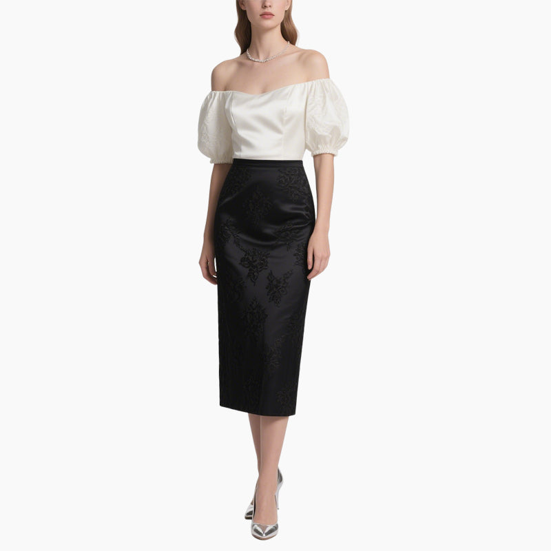 Women's Elegant Off-Shoulder Blouse & Embroidered Pencil Skirt Set