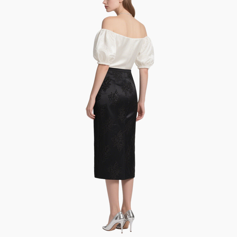 Women's Elegant Off-Shoulder Blouse & Embroidered Pencil Skirt Set