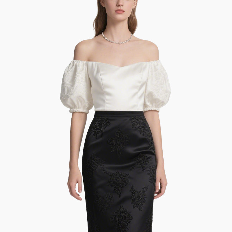 Women's Elegant Off-Shoulder Blouse & Embroidered Pencil Skirt Set