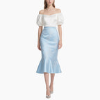 ​Elegant Off-Shoulder Blouse & Light Blue Embroidered Fish-Tail Skirt Set​