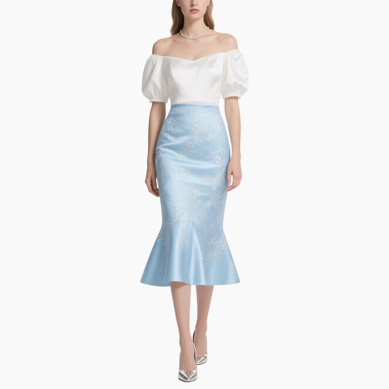 ​Elegant Off-Shoulder Blouse & Light Blue Embroidered Fish-Tail Skirt Set​