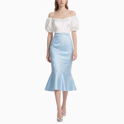 ​Elegant Off-Shoulder Blouse & Light Blue Embroidered Fish-Tail Skirt Set​