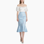 ​Elegant Off-Shoulder Blouse & Light Blue Embroidered Fish-Tail Skirt Set​