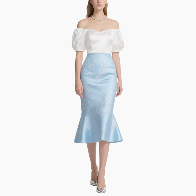 ​Elegant Off-Shoulder Blouse & Light Blue Embroidered Fish-Tail Skirt Set​