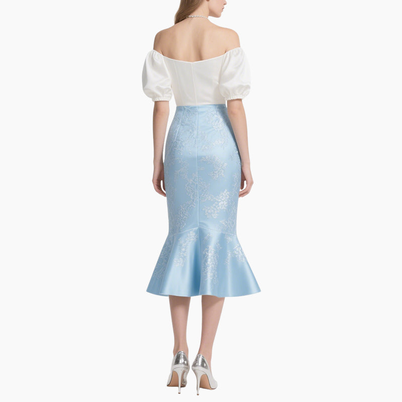 ​Elegant Off-Shoulder Blouse & Light Blue Embroidered Fish-Tail Skirt Set​