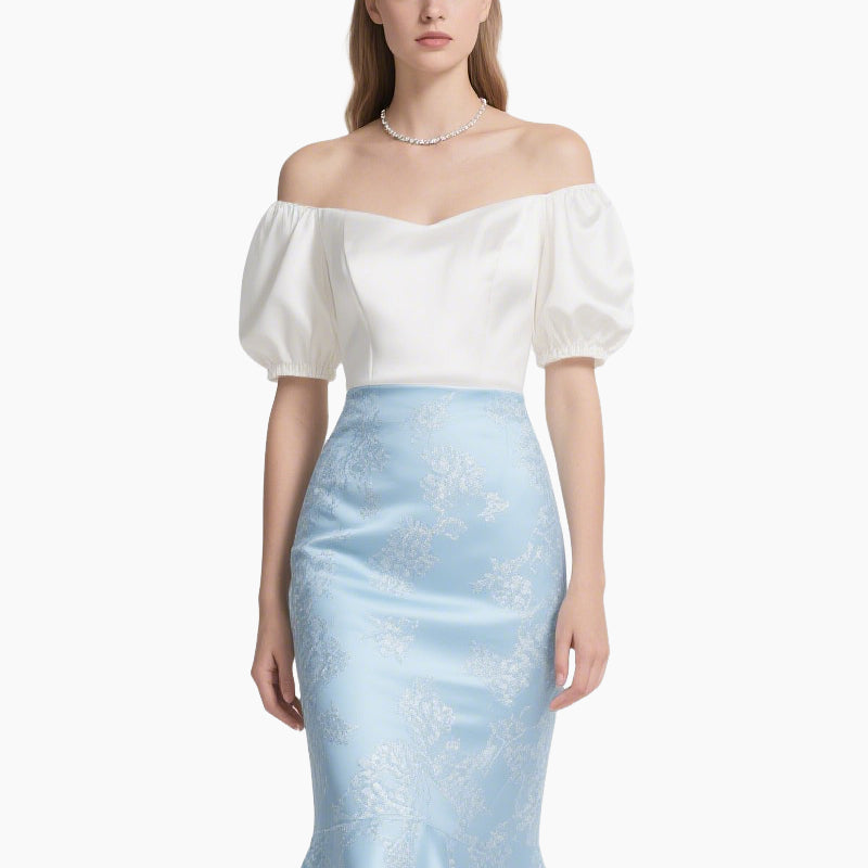 ​Elegant Off-Shoulder Blouse & Light Blue Embroidered Fish-Tail Skirt Set​