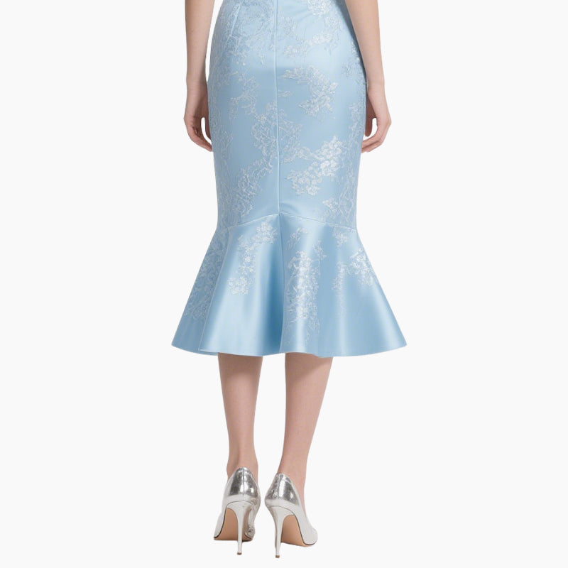 ​Elegant Off-Shoulder Blouse & Light Blue Embroidered Fish-Tail Skirt Set​