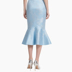 ​Elegant Off-Shoulder Blouse & Light Blue Embroidered Fish-Tail Skirt Set​