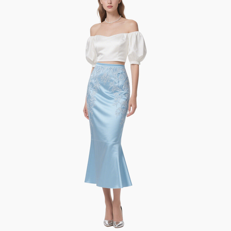 Elegant Off-Shoulder Crop Top & Embroidered Mermaid Skirt Set