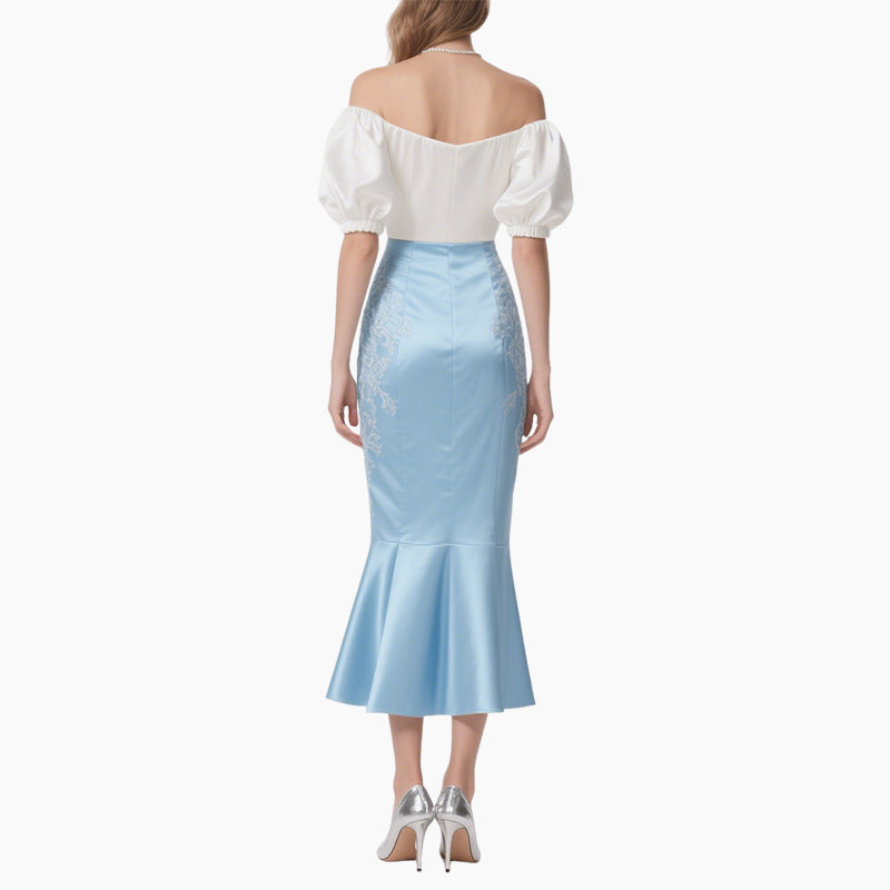 Elegant Off-Shoulder Crop Top & Embroidered Mermaid Skirt Set