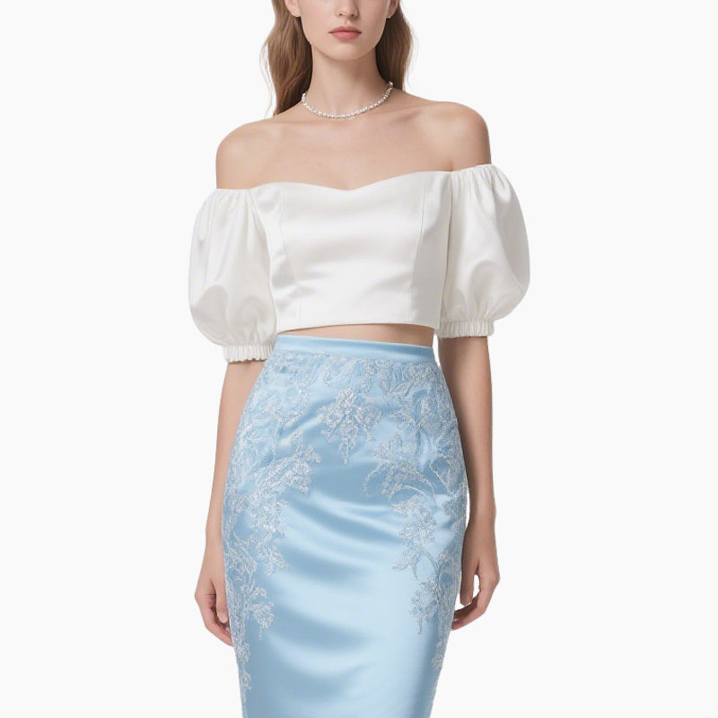 Elegant Off-Shoulder Crop Top & Embroidered Mermaid Skirt Set
