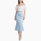 Women’s Off-shoulder White Blouse & Light Blue Satin Fish Tail Skirt Set​