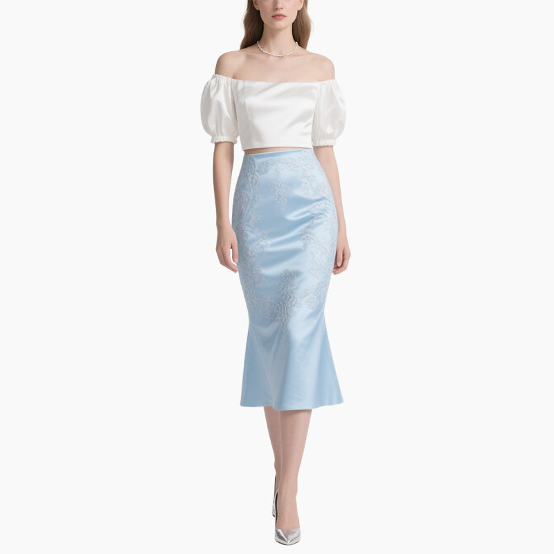 Women’s Off-shoulder White Blouse & Light Blue Satin Fish Tail Skirt Set​