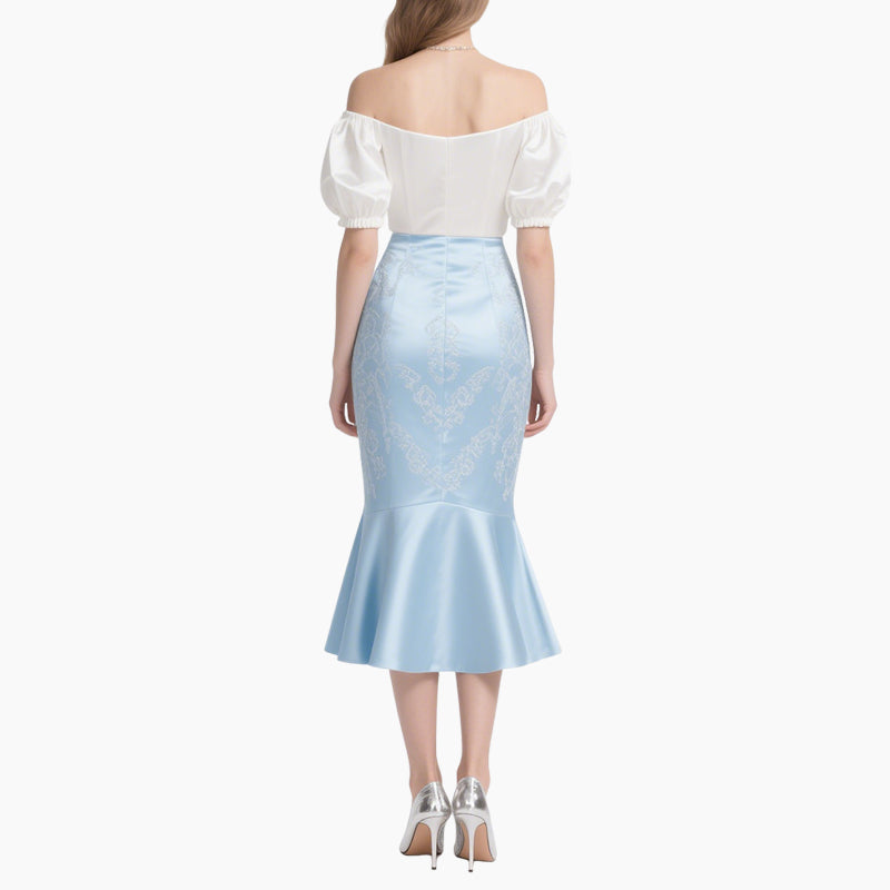 Women’s Off-shoulder White Blouse & Light Blue Satin Fish Tail Skirt Set​