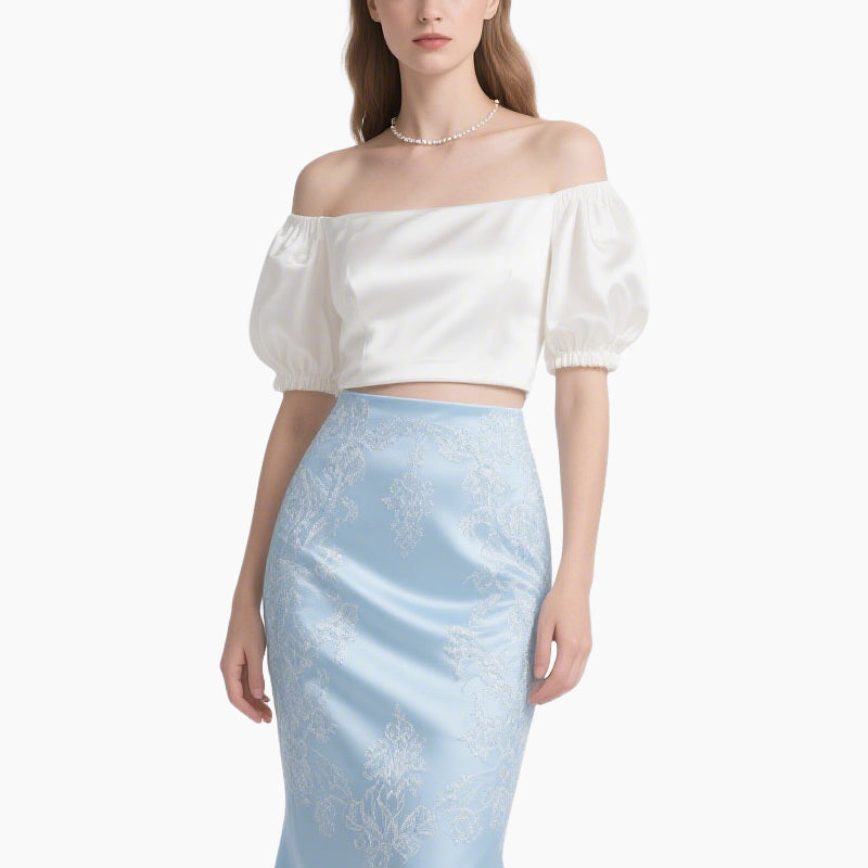 Women’s Off-shoulder White Blouse & Light Blue Satin Fish Tail Skirt Set​