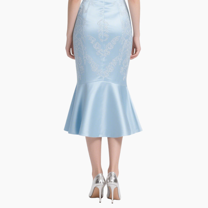 Women’s Off-shoulder White Blouse & Light Blue Satin Fish Tail Skirt Set​