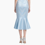 Women’s Off-shoulder White Blouse & Light Blue Satin Fish Tail Skirt Set​