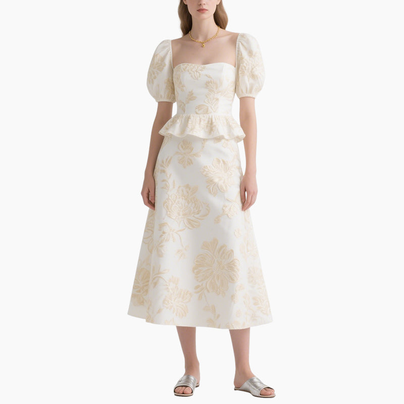 Women's Floral Square Neck Top with Elegant A-line Skirt