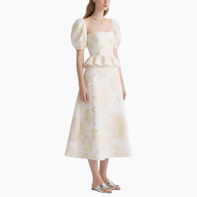 Women's Floral Square Neck Top with Elegant A-line Skirt