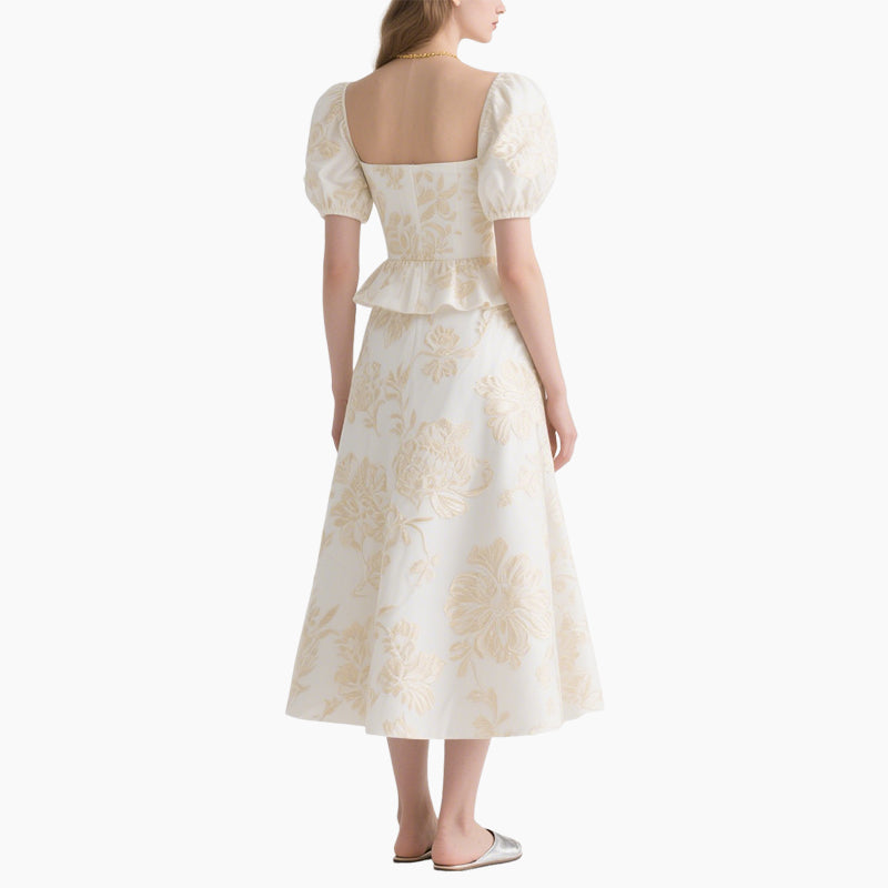 Women's Floral Square Neck Top with Elegant A-line Skirt