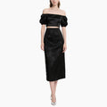 Women's Elegant Off-shoulder Satin Set with Bubble Sleeves & Embroidered Midi Skirt