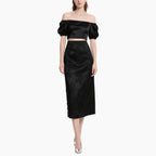 Women's Elegant Off-shoulder Satin Set with Bubble Sleeves & Embroidered Midi Skirt