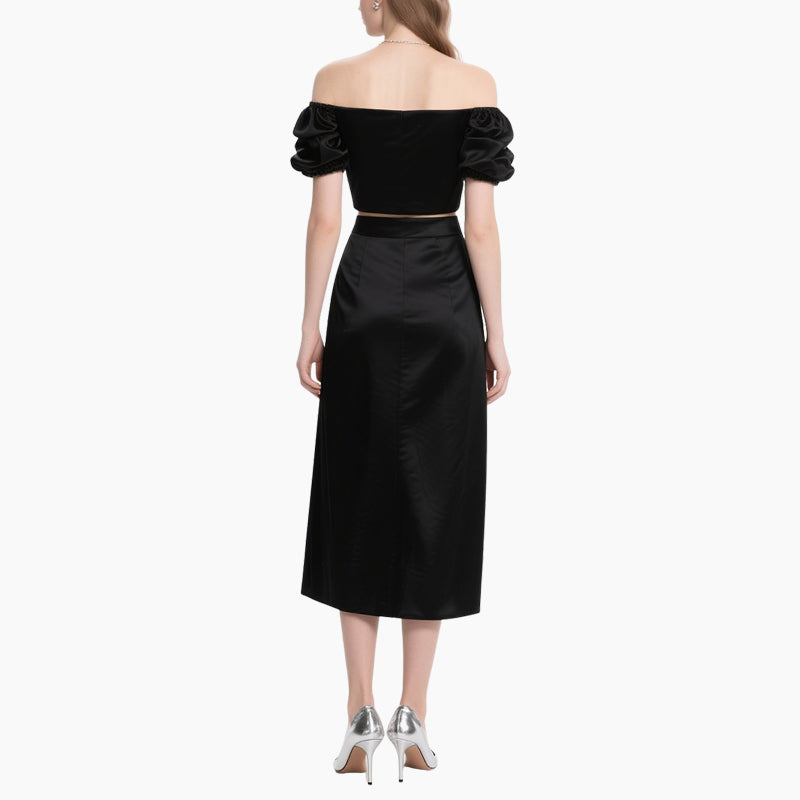 Women's Elegant Off-shoulder Satin Set with Bubble Sleeves & Embroidered Midi Skirt