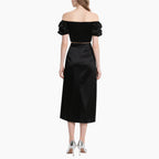 Women's Elegant Off-shoulder Satin Set with Bubble Sleeves & Embroidered Midi Skirt